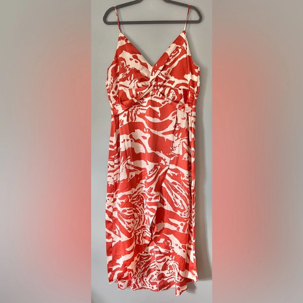 Bar III Printed Hammered-Satin Twist-Front Faux-Wrap Midi Dress Orange Cream‎ XL
